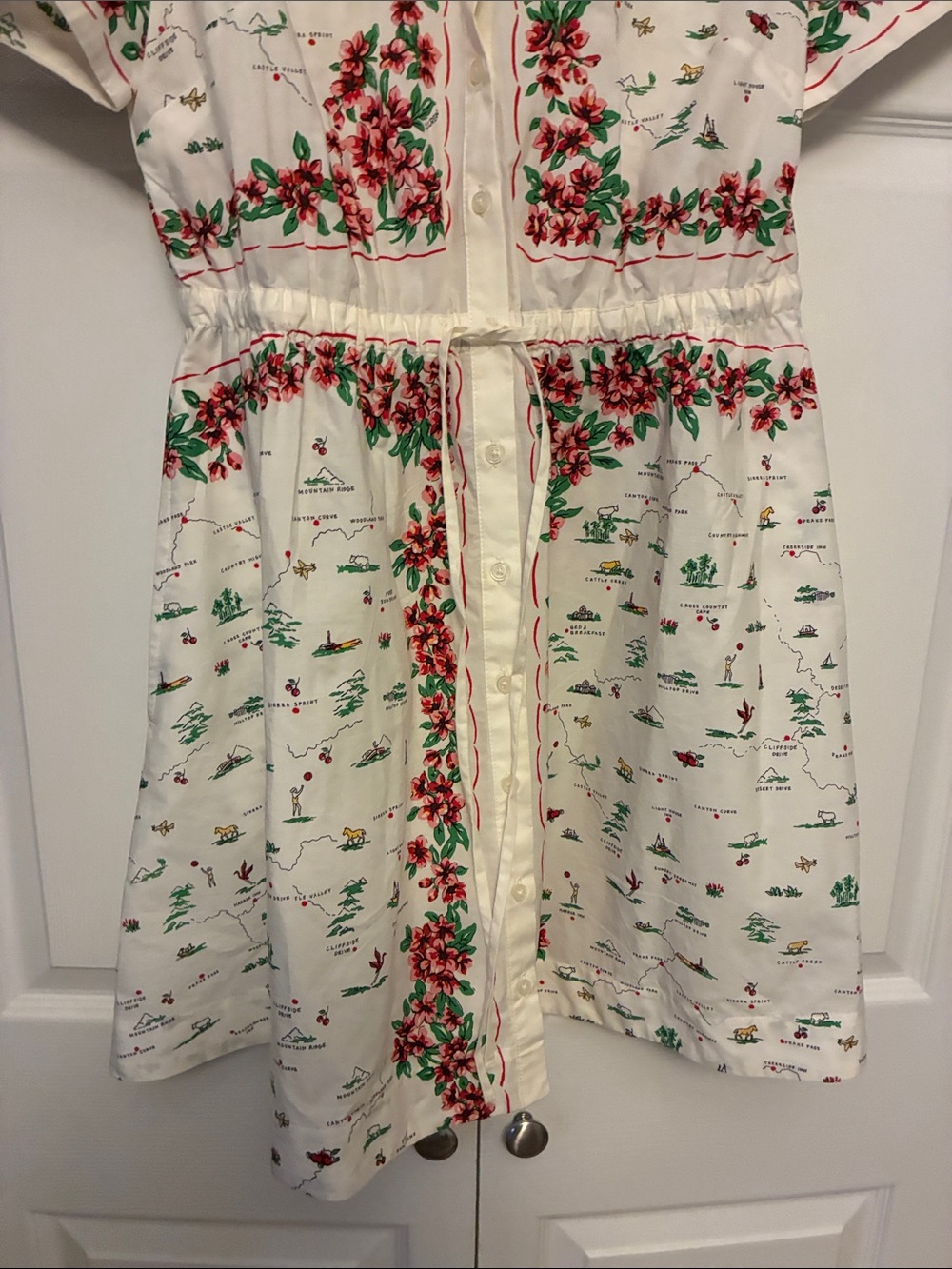 J. Crew Cream Shirt Dress with Red Floral Trim and Green Accents - Picture 7 of 10
